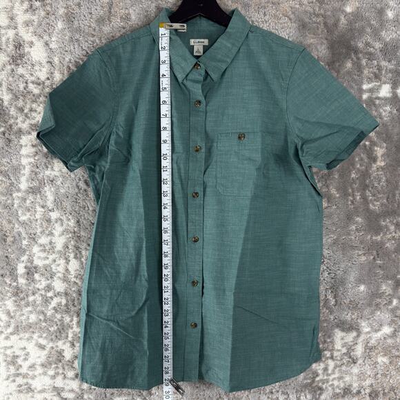LL Bean Womens Size L Cotton Button Shirt Green Short Sleeve Casual Collared - Picture 2 of 9
